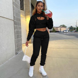 three-piece fleece drawstring hoodie with cotton tank top and jogger pants