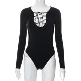 Long Sleeve Solid Tie Cutout Slim Bodysuit