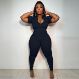 Plus size sexy zipper three-dimensional pocket jumpsuit