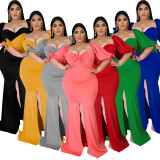 Plus Size Women's Willow Leaf Edge Puff Sleeve Slit Big Hem Fashion Dress