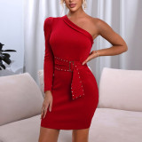 Temperament one-shoulder long-sleeved dress high-definition celebrity party red tight-fitting hip skirt