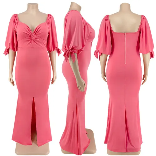 Plus Size Women's Willow Leaf Edge Puff Sleeve Slit Big Hem Fashion Dress