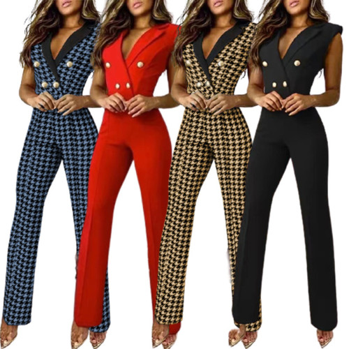 Colorblock Twist Button V-Neck Sleeveless Houndstooth Jumpsuit Business Wear