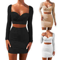 Long-sleeved hip skirt sexy low-cut pleated two-piece dress