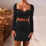 Long-sleeved hip skirt sexy low-cut pleated two-piece dress