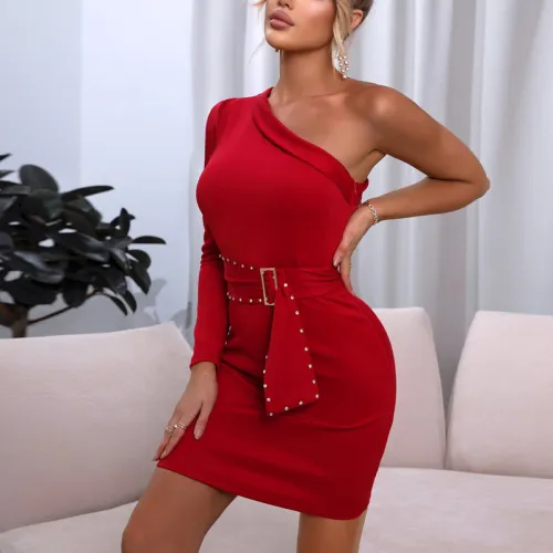 Temperament one-shoulder long-sleeved dress high-definition celebrity party red tight-fitting hip skirt