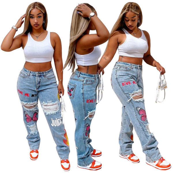 Digital positioning printing hole fashion sexy jeans
