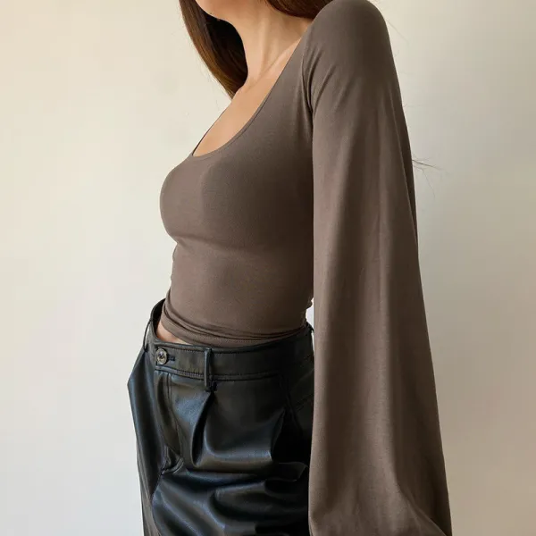 Knitted square neck lantern sleeve long sleeve T-shirt sexy slim casual versatile top