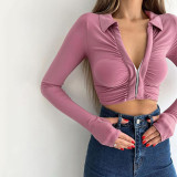 Knitted lapel pleated long sleeve top Autumn women's sexy open navel short slim t-shirt