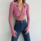 Knitted lapel pleated long sleeve top Autumn women's sexy open navel short slim t-shirt