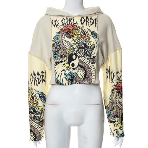 Women's Chinese dragon printed patchwork sleeve hooded sweater long sleeve open navel loose top