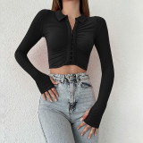 Knitted lapel pleated long sleeve top Autumn women's sexy open navel short slim t-shirt