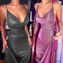 Sexy Spice Girl Style Pocket Neck Sparkling Pink Sling Dress Backless Strap Invisible Zipper Long Dress