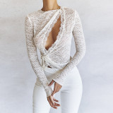 Sexy Spice Lace Fabric Hollow Long Sleeve Top Women's Waist Tie Slim Round Neck T-shirt