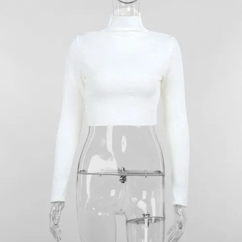 Temperament Elegant Pocket Collar Satin Basic Backless Strap Dress Knitted High Neck Long Sleeve Shirt Sexy Open Umbilical Short Outwear Slim Tee