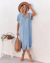 Fashion solid color denim short sleeve long slit shirt dress