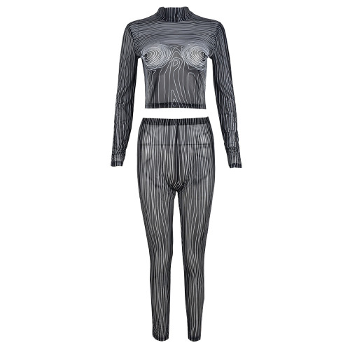 Hollow open navel screen flocking perspective trousers two-piece set