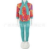 Splice color contrast printing long sleeve suit for women