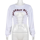 Open waist personality long sleeve tie letter sweater