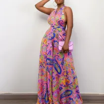 Printed hanging neck multi wear beach jumpsuit