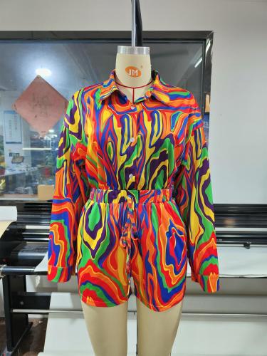 Colorful Irregular Ripple Print Long Sleeve Shirt Lace Up Shorts Beach Two-Piece Set