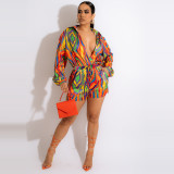 Colorful Irregular Ripple Print Long Sleeve Shirt Lace Up Shorts Beach Two-Piece Set