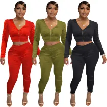 Women's Autumn and Winter Fashion Front Row Zipper Ruched Two-Piece Suit
