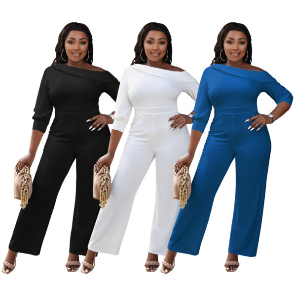 Solid Zip Slant-Shoulder Straight Jumpsuit