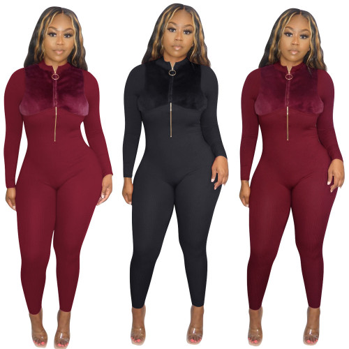 Solid Zip Plush Slim Fit Jumpsuit