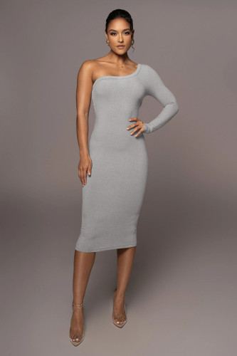 Oblique shoulder slim sexy long-sleeved single-sleeve temperament package hip dress