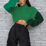 Fashion contrast color stitching long-sleeved street shot knitted turtleneck loose casual sweater