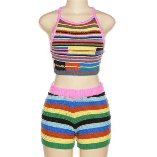 Fashion Contrast Stripe Slim Fit Sling Sleeveless Knit Slim Top