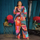 Abstract Deep V Neck Belted Loose Fashion Plus Size Jumpsuit