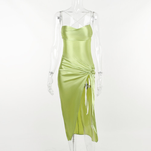 Twisted Split Satin Sling Small V-Neck Dress Women's Strapless Backless Midi Dress