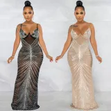 Hot drilling sexy sling chest wrapped gauze perspective long dress