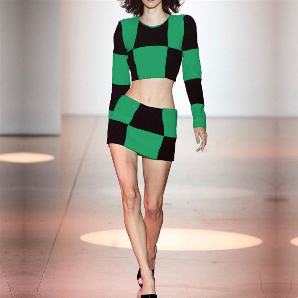 Printed Contrast Checkerboard Long Sleeve Skinny Casual Skirt Set