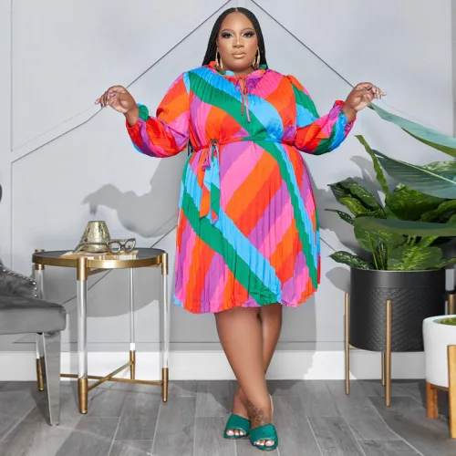 Striped Belted Fashion Loose Plus Size Women's Dress