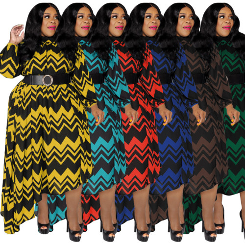 Striped Sleeve Belt Fashion Loose Plus Size Women's Dress