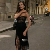 Sexy small sling lace stitching slit dress female scheming pure desire wind wave collar fairy skirt