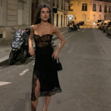 Sexy small sling lace stitching slit dress female scheming pure desire wind wave collar fairy skirt