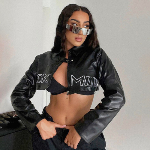 Street Fashion Women's Motorcycle Letter Embroidered PU Leather Short Jacket Baseball Jacket