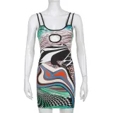 Irregular Print Contrast Color Hollow Slim Fit Sling Dress Package Hip Short Skirt