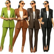 PU leather suit collar slit pencil pants set