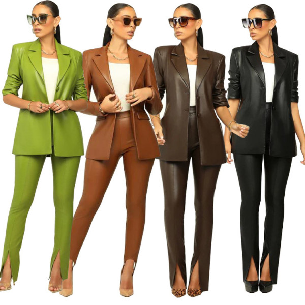 PU leather suit collar slit pencil pants set