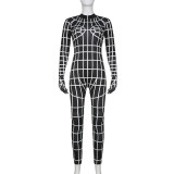 Spider web geometric print slim-fit mittens long-sleeve jumpsuit
