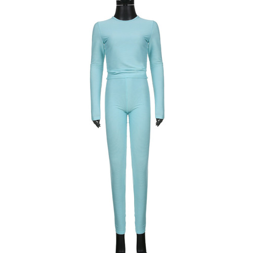 Solid color basic knitted bottoming suit tight top pencil pants two-piece set