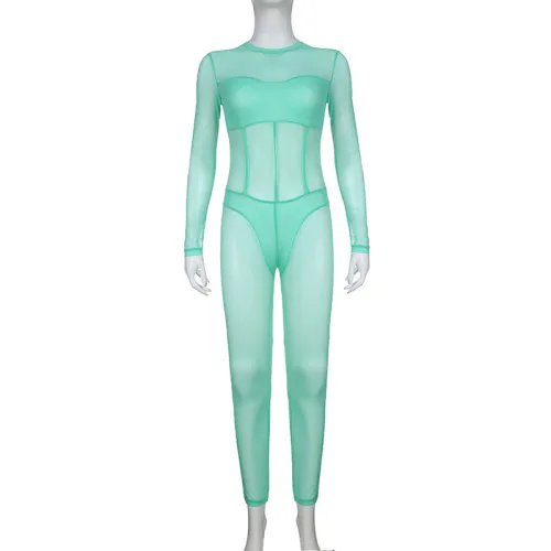 Solid Color Basic Mesh Split Panel Jumpsuit Leggings