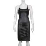 PU leather nightclub style sexy backless straps solid color personality split suspender dress
