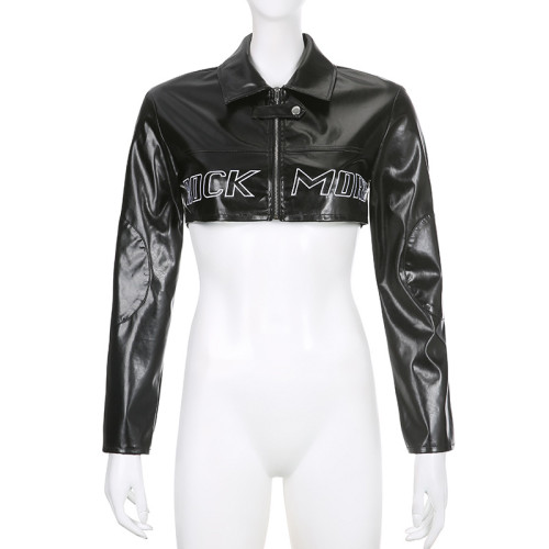 Street Fashion Women's Motorcycle Letter Embroidered PU Leather Short Jacket Baseball Jacket