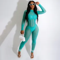 Solid Color Basic Mesh Split Panel Jumpsuit Leggings